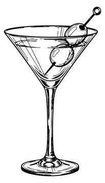 Hand drawn line art illustration of a martini cocktail depicting a drink in a classic glass garnished with olives for bar menus and party invitations