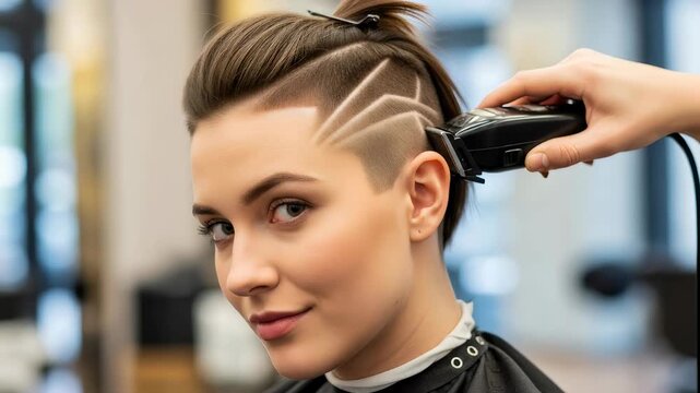 Woman getting a creative undercut haircut with geometric patterns at a professional salon. Modern hairstyle transformation with hair clipper.