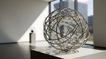 An intricate abstract metal sculpture, designed with complex geometric patterns, sits prominently on a pedestal in a pristine modern art gallery.