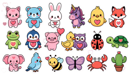 Naklejka premium Cute Animal Sticker Set With Hearts For Kids And FriendsA playful collection of colorful cartoon animals each holding a heart, perfect for kids, gifts, and cute branding. Bright, friendly characters