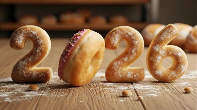 Golden-brown baked 2026 numbers from bread dough, one digit pink frosted donut, dusted flour. Delicious baked 2026 digits on rustic wooden baker table symbolize fresh beginnings.