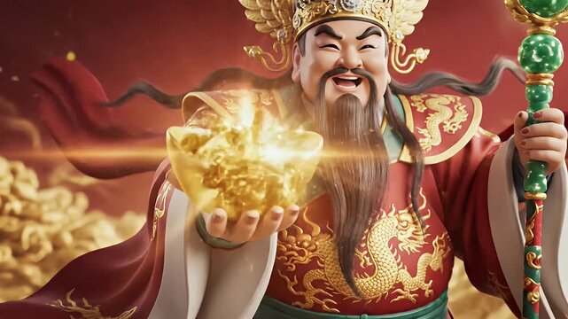 Caishen 3D Animation with Exploding Gold Coins representing Digital Jackpot and Financial Gamification.