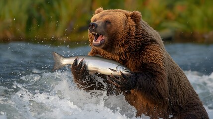 Fototapeta premium Fierce Grizzly Bear Holding Large Salmon with Sharp Claws in Splashy Water