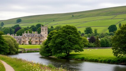Historic mansion by serene river landscape.