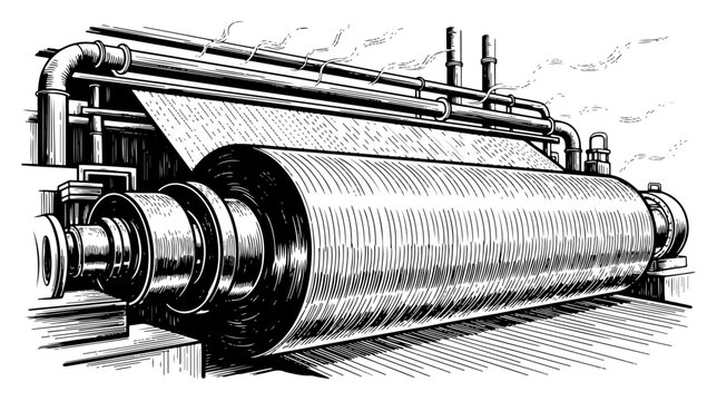Industrial paper mill roller machine processing material with steam in vintage style