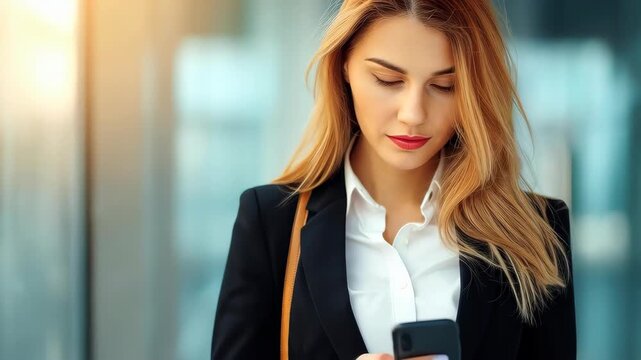 The Focused Executive: A modern business professional engrossed in her smartphone, epitomizing the dynamism of today's workplace. Capturing the poise and grace in this moment