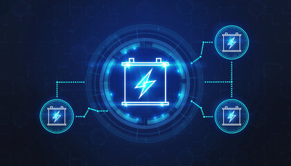 Fototapeta premium An illuminated illustration featuring a battery surrounded by several linked batteries. This image is associated with energy, power, and connectivity.