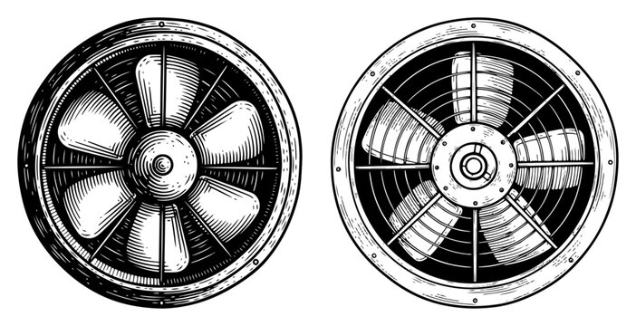 Two round industrial ventilation fans in detailed engraving style