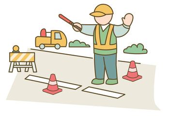 Traffic Control Worker Guiding Vehicles At Road Construction Site With Safety Equipment For Roadwork, Infrastructure Maintenance, Public Safety And Construction Management Concepts