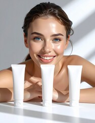 Side Profile of Model with Cosmetic Container in Minimal Studio Background