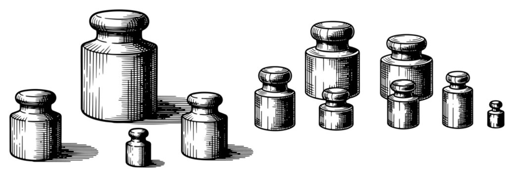 Set of calibration weights for measuring mass in vintage engraving style