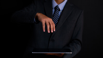 Businessman uses a virtual bank, operating on a completely digital platform, banners, copyspace.