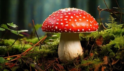 Fototapeta premium Vibrant Red Mushroom with White Spots in a Lush Forest Setting.
