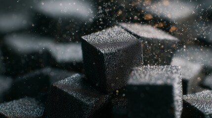 Black sugar cubes with water droplets close up in a dark setting