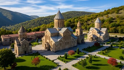 Historic monastery complex in green landscape.