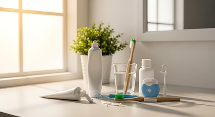Morning Ritual: A composition showcasing dental hygiene essentials, with the tools arranged on a bathroom countertop, set against the backdrop of natural light.