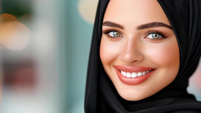 Beauty in Modesty: A close-up shot of a radiant woman wearing a headscarf, exuding a serene confidence, with captivating eyes and a gentle smile, embodying the beauty of her faith and grace.
