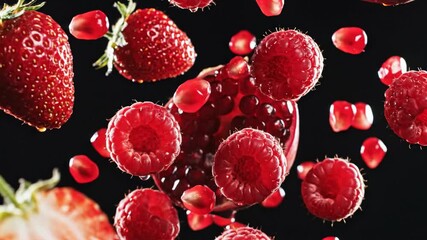 A colorful assortment of strawberries raspberries and pomegranate seeds are scattered across a black background - Powered by Adobe