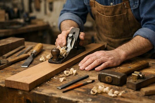 Carpenter using hand tools on wooden workbench - Powered by Adobe