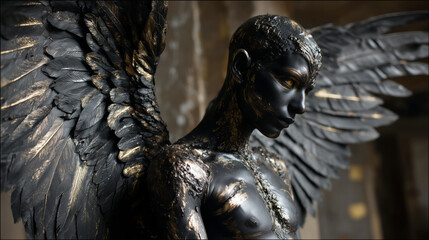 A dark, winged figure with intricate details.