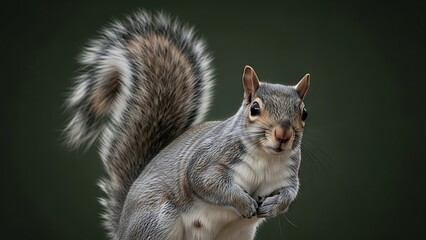 A light gray squirrel mid pose with tail raised