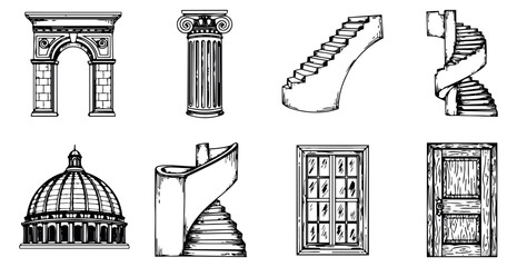 Hand drawn line art architectural elements set featuring classical arches, columns, stairs, dome, door, and window for building design