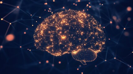 Minimal dark background with luminous network nodes forming abstract brain shape concept of artificial intelligence digital thinking data connection 