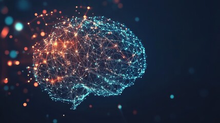 Minimal dark background with luminous network nodes forming abstract brain shape concept of artificial intelligence digital thinking data connection 