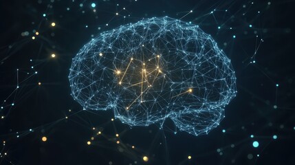 Minimal dark background with luminous network nodes forming abstract brain shape concept of artificial intelligence digital thinking data connection 