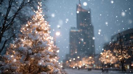 Snowy scene with a decorated Christmas tree.