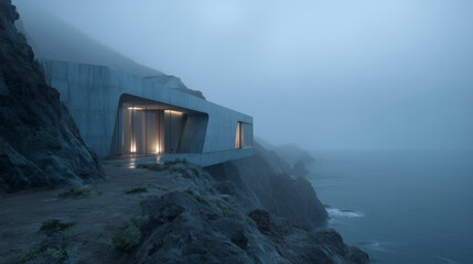 Modern building on rocky coastline in fog.
