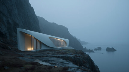 Modern architecture on a rocky coastline in fog.