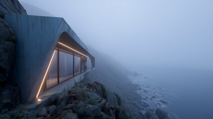 Modern building on rocky coastline shrouded in fog.