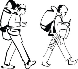 Modern flat vector illustration of tourists walking together during a city sightseeing trip.