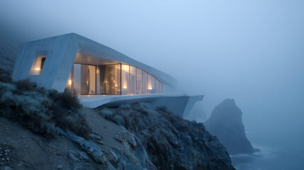 Modern house perched on rocky cliff in fog.