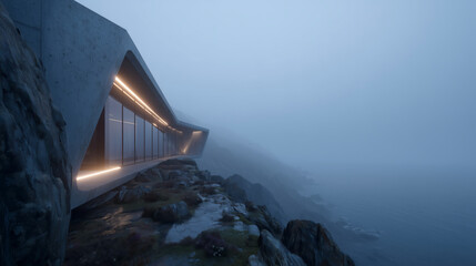 Modern building on rocky coastline in fog.