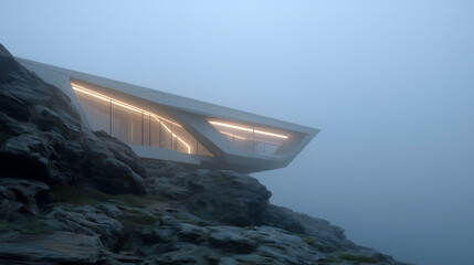 Modern house perched on rocky cliff in fog.