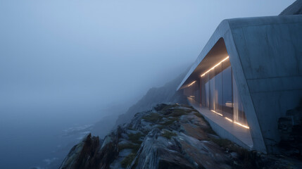 Modern house on rocky cliff in foggy atmosphere.