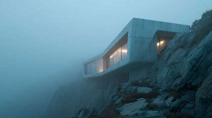 Modern house perched on rocky cliff in fog.