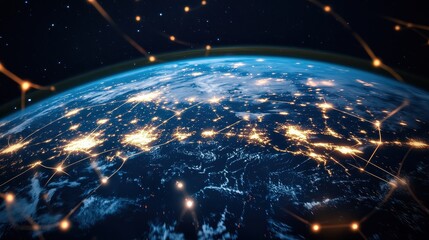 Planet earth reimagined as holographic network mesh with glowing connections representing global communication digital economy science fiction realism 