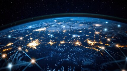 Planet earth reimagined as holographic network mesh with glowing connections representing global communication digital economy science fiction realism 