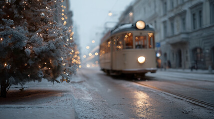 Snowy street with a vintage tram and Christmas tree.