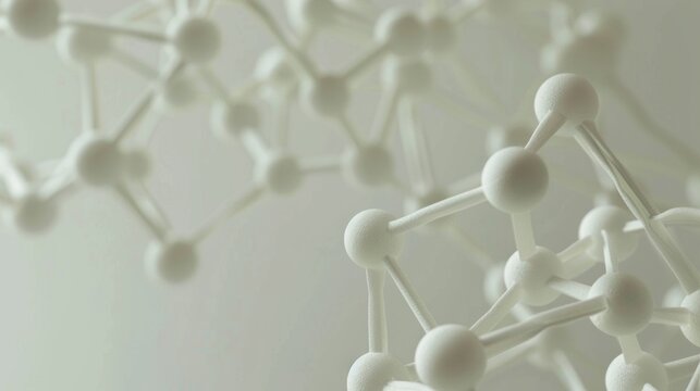 High-detail 3D molecular structure model with white spheres and connecting bonds. Abstract scientific visualization of atoms or chemical lattice. Clean, bright, and clinical laboratory aesthetic - Powered by Adobe