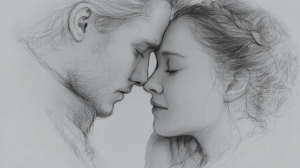 A close-up sketch of two faces touching gently.