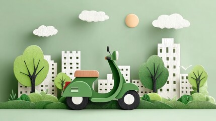 Green paper art style city and electric motorcycle scene