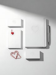 A minimalist white background showcases a collection of blank white cards and a red heart-shaped design