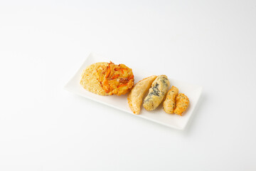 Assorted Korean Tempura Platter on White Background 한국식 모둠 튀김 플래터