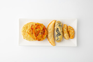 Assorted Korean Tempura Platter on White Background 한국식 모둠 튀김 플래터