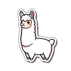 Obraz premium Cute cartoon llama sticker with white fur and friendly face.