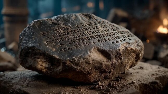 Ancient Glowing Cuneiform Tablet in Babylon Ruins with Torchlight